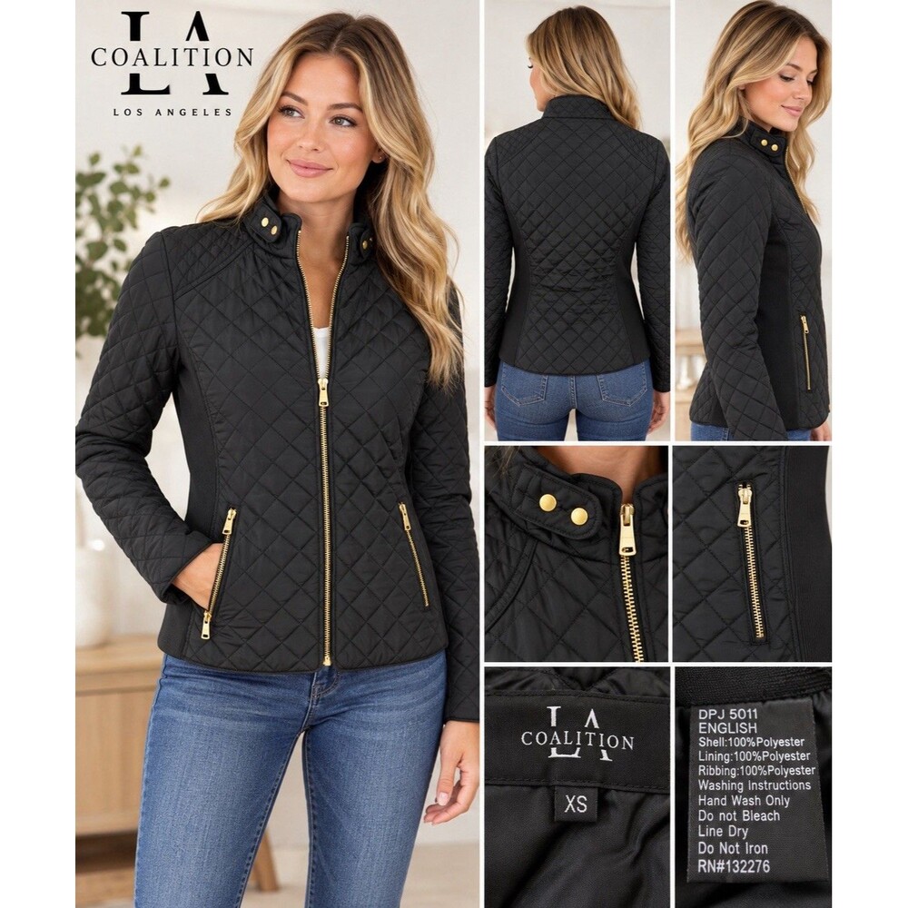 Coalition LA Women’s Black Diamond Quilted Jacket Coat Gold Full Zip Women’s XS